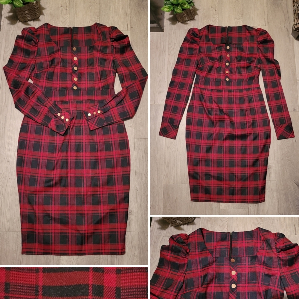 Rotita Red & Black Plaid Square Neck Long Sleeve Wiggle Dress, Womens Medium (M)